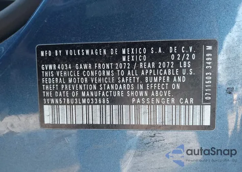 2020 Volkswagen Jetta 1.4T R-Line/1.4T S из США, поврежденный, VIN 3VWN57BU3LM033685